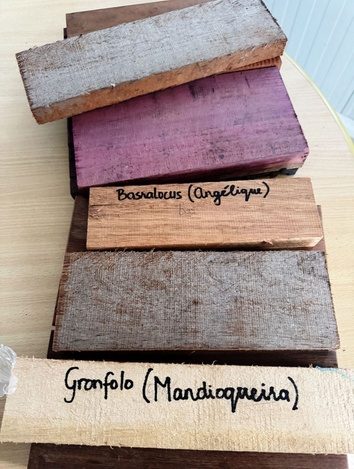 Muestras de madera que mantenemos a mano, incluyendo Basralocus y Gronfolo
